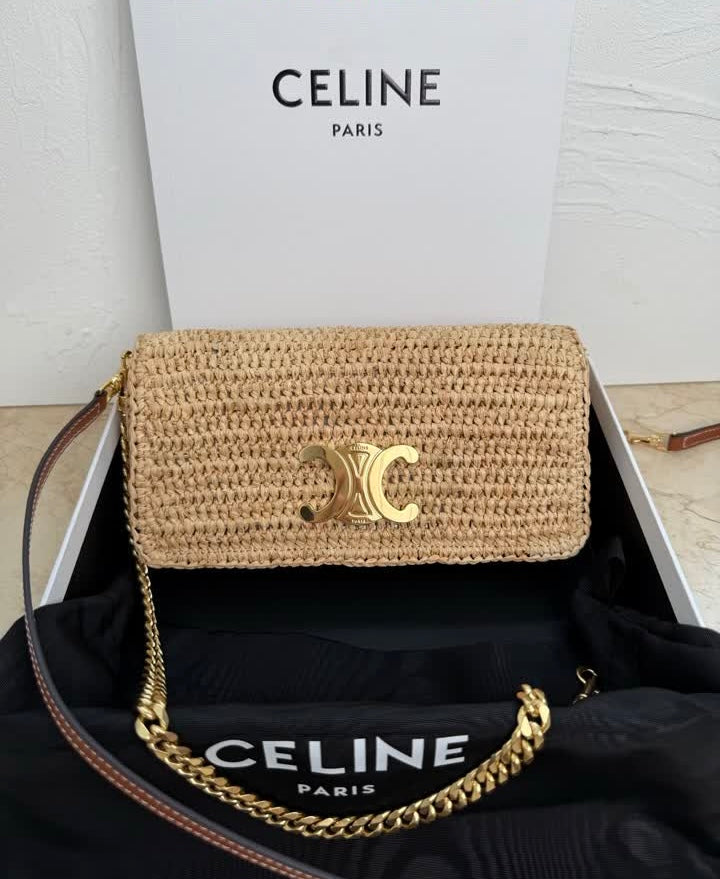 Celine Woven Straw/Crochet Chain-Strap Bag